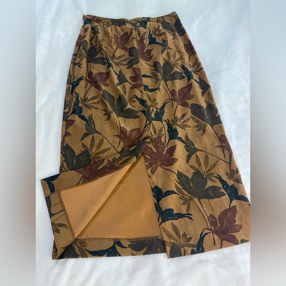 VTG Stonebridge Boho Maxi Skirt Leaf Brown Navy Gold Earthy Aesthetic Slit 8P - Picture 13 of 13